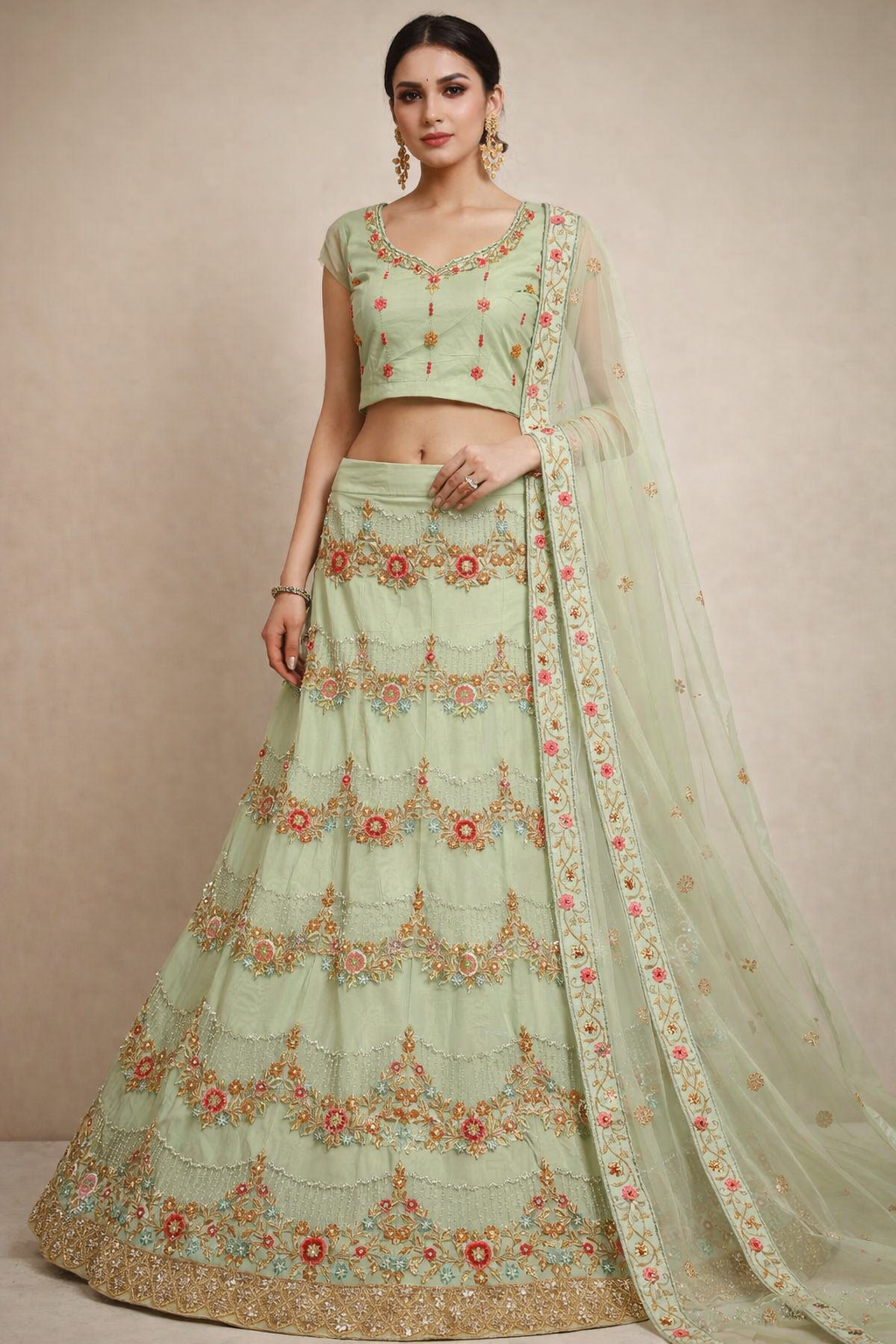 Designer Pista Green Floral Embroidered Lehenga Choli Set with Net Dupatta.