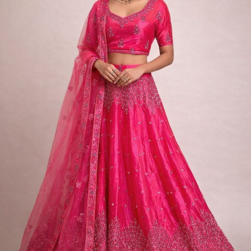 Women's Rani Pink Embroidered Net Silk Blend Lehenga Choli with Net Dupatta | Bridal, Wedding & Festive Wear