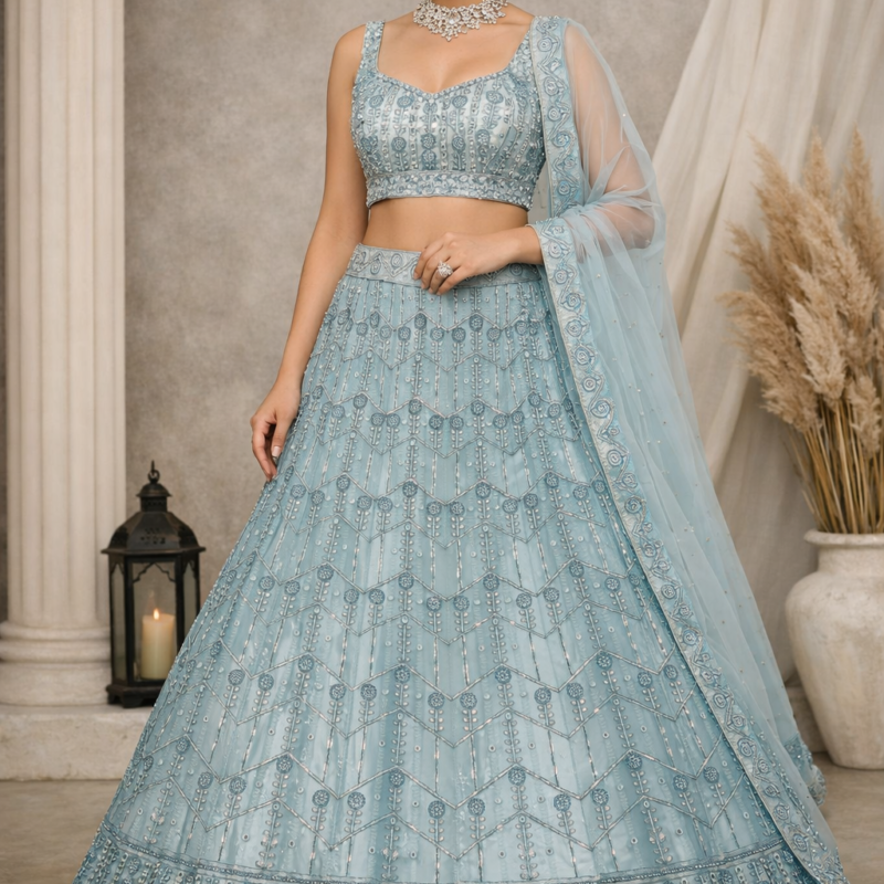 Women's Ice Blue Embroidered Lehenga Choli with Net Dupatta | Designer Party Wear, Wedding & Reception Lehenga Set