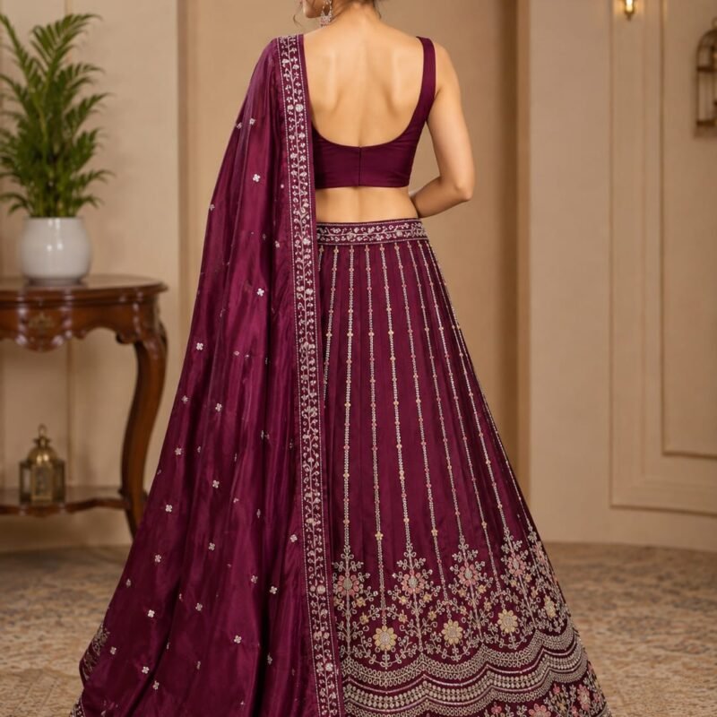 Wine Maroon Embroidered Lehenga Choli Set with Designer Dupatta - Image 3