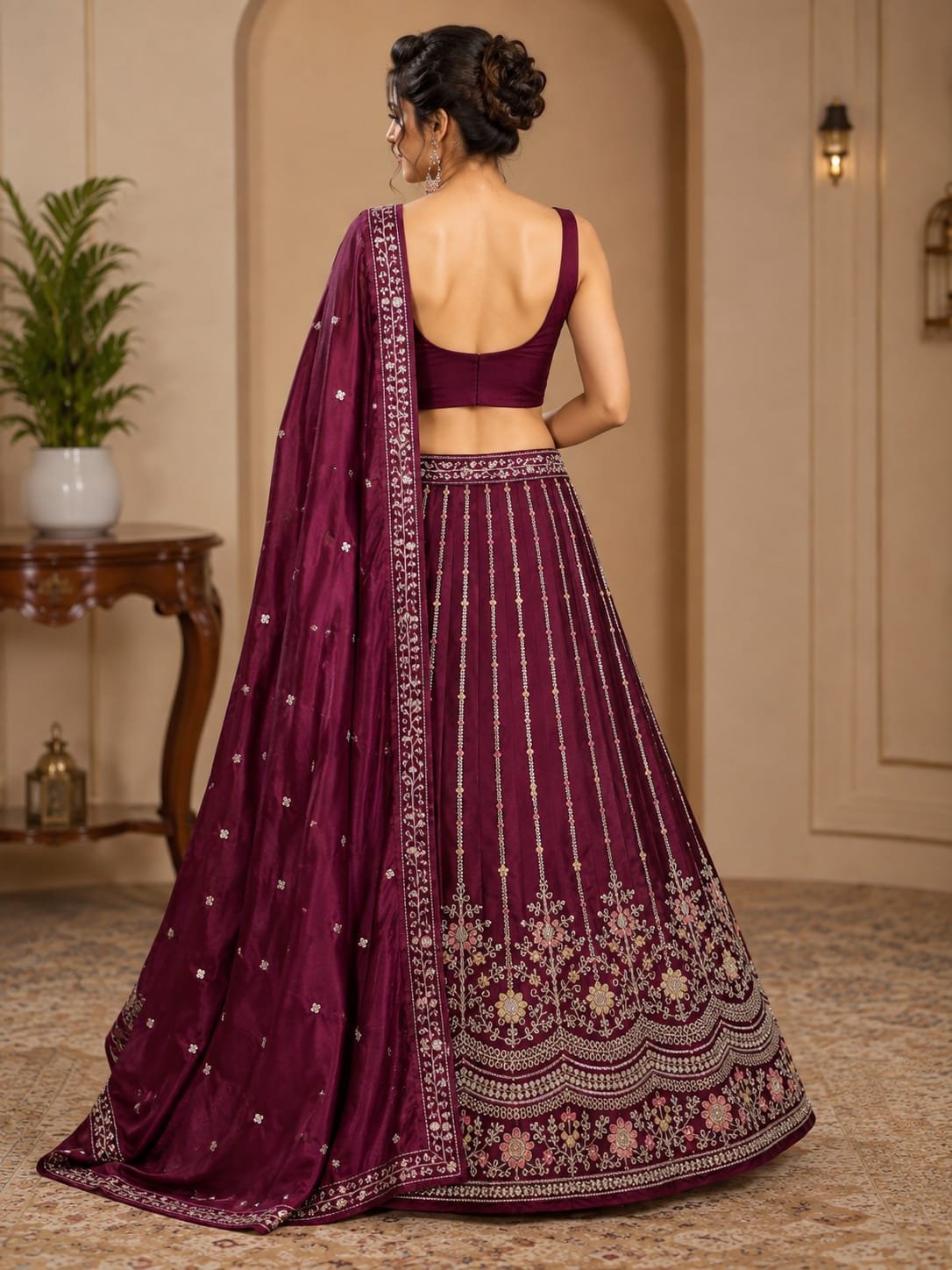 Wine Maroon Embroidered Lehenga Choli Set with Designer Dupatta - Image 3