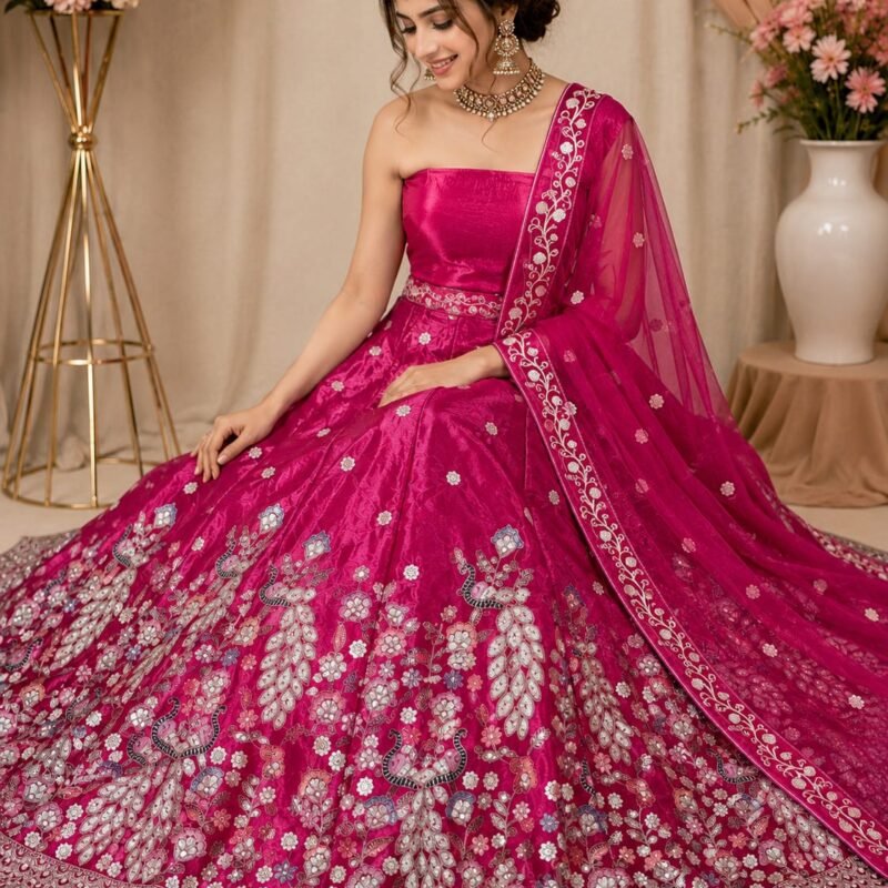 Rani Pink Embroidered Lehenga Choli Set with Designer Dupatta - Image 5