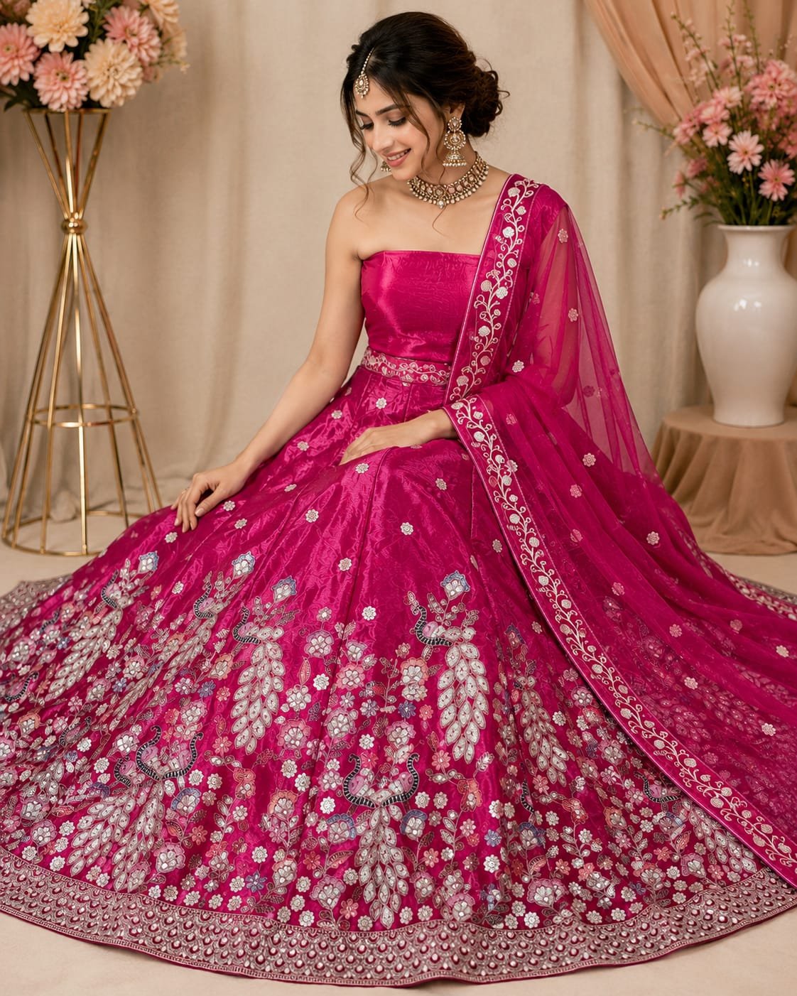 Rani Pink Embroidered Lehenga Choli Set with Designer Dupatta - Image 5
