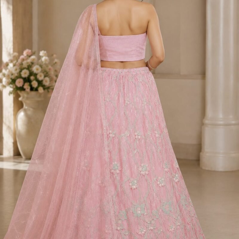 Alternative view of Peach Pink Floral Embroidered Lehenga Choli Set with Dupatta
