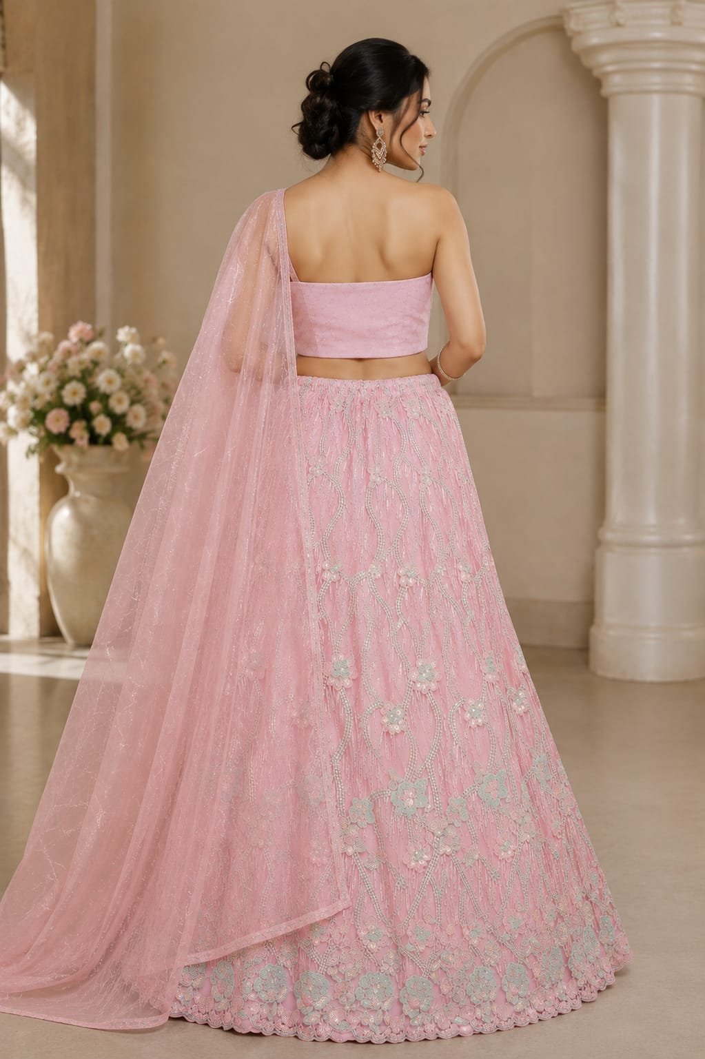 Peach Pink Floral Embroidered Lehenga Choli Set with Dupatta - Image 2