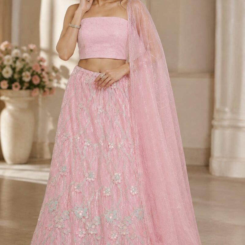 Peach Pink Floral Embroidered Lehenga Choli Set with Dupatta