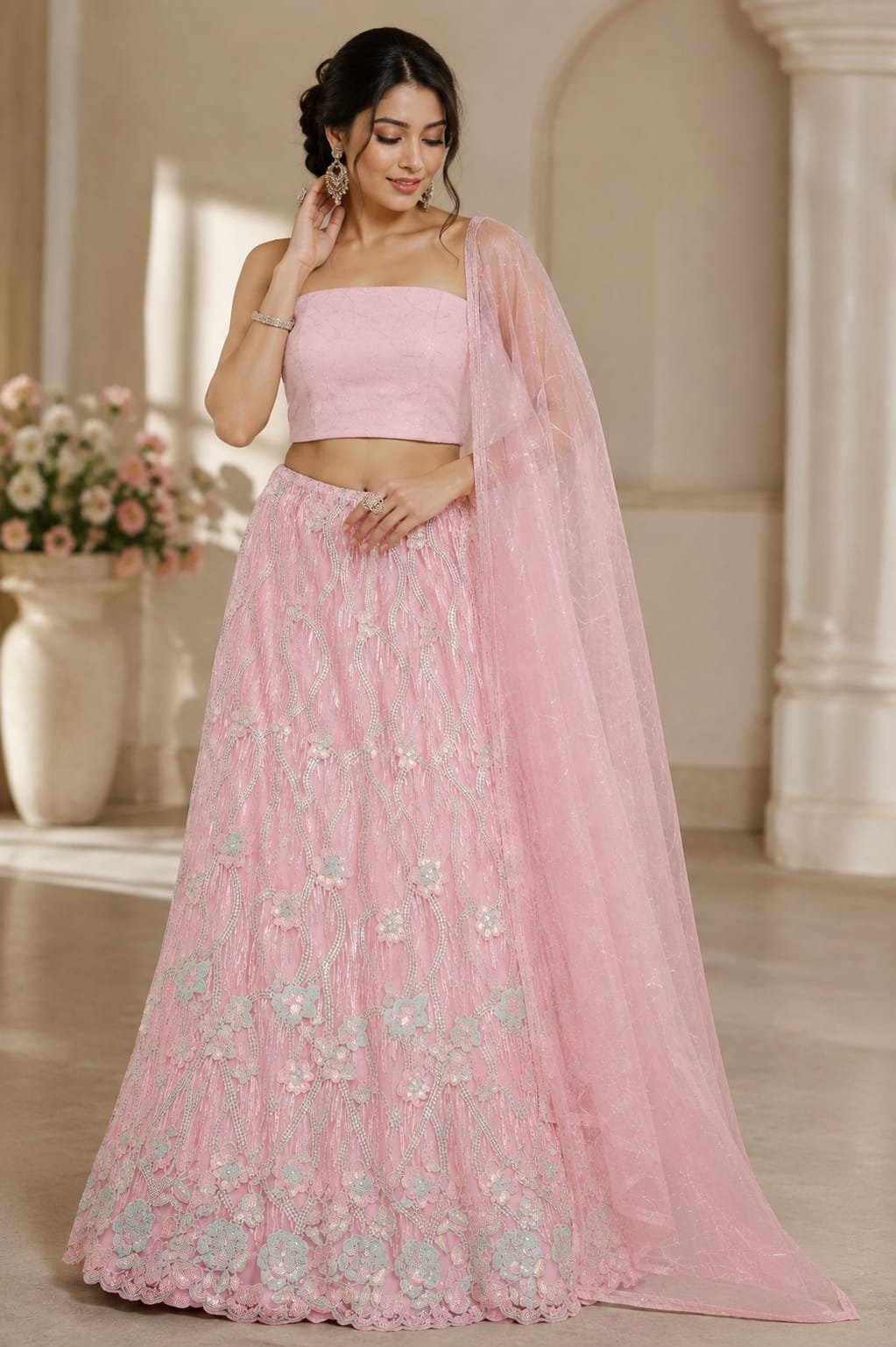 Peach Pink Floral Embroidered Lehenga Choli Set with Dupatta