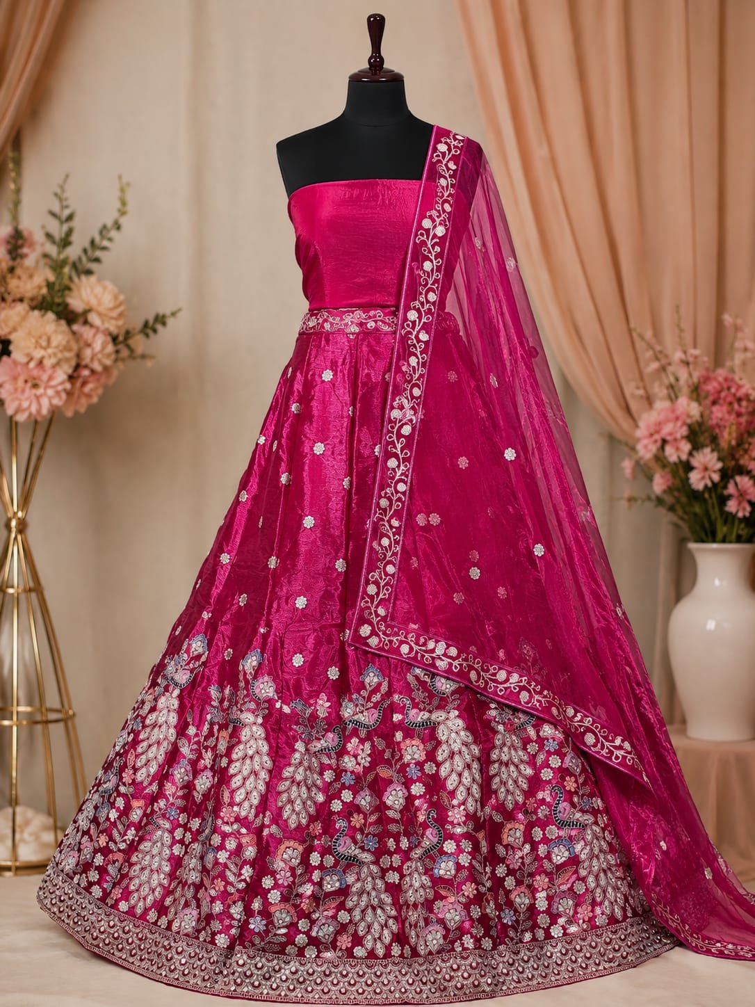 Rani Pink Embroidered Lehenga Choli Set with Designer Dupatta