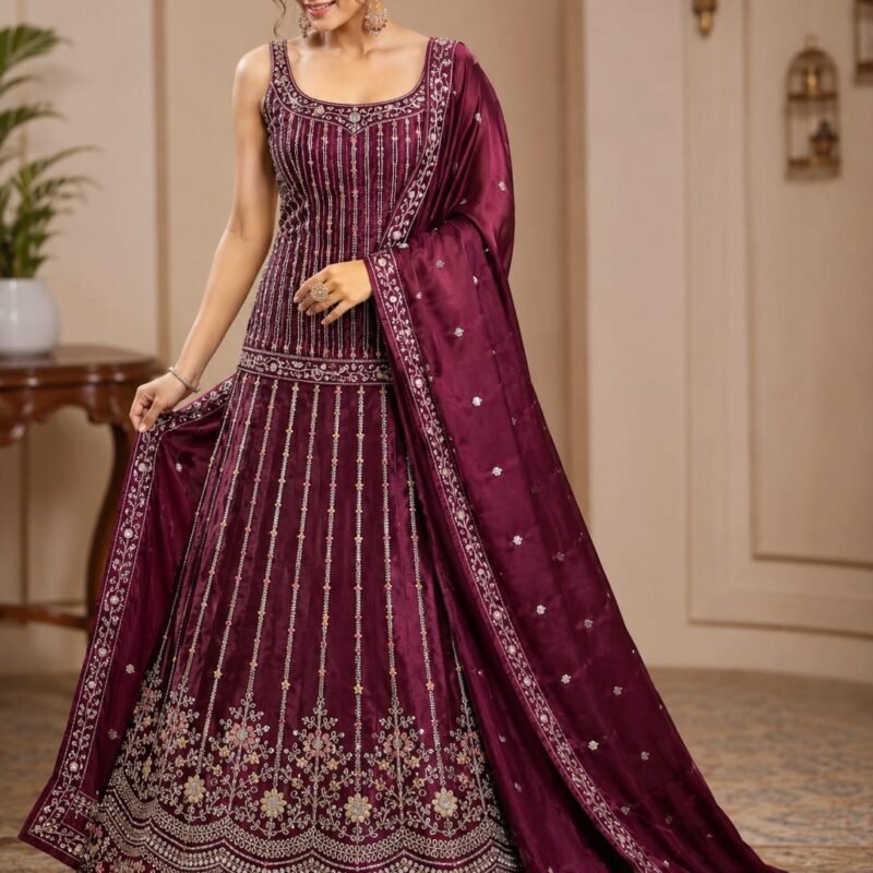 Alternative view of Wine Maroon Embroidered Lehenga Choli Set with Designer Dupatta