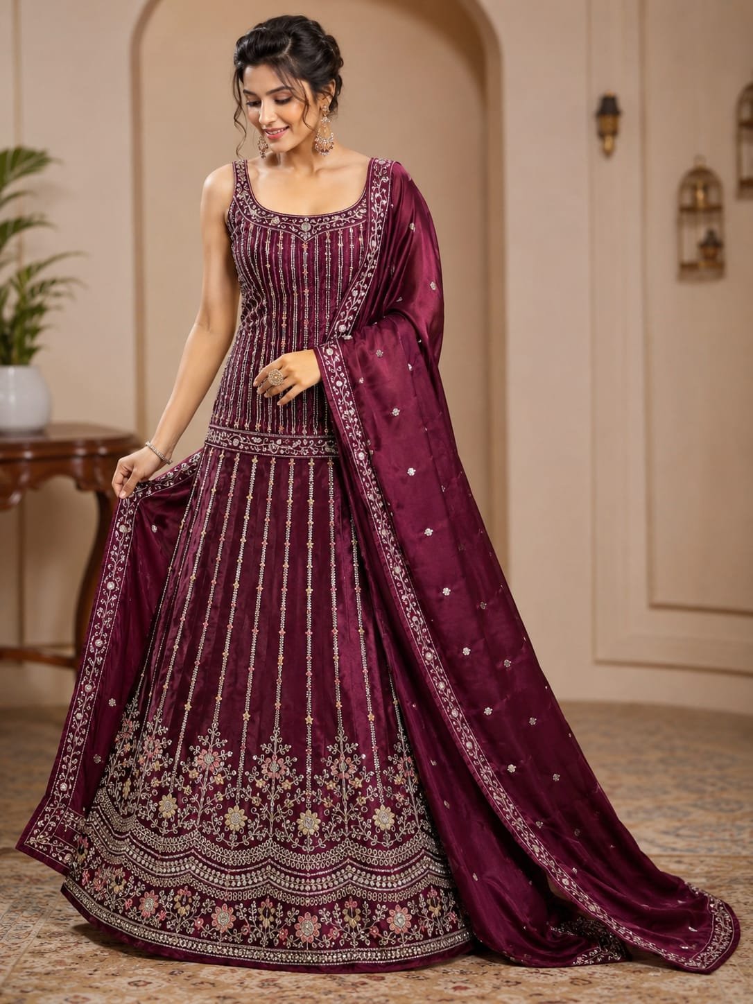 Wine Maroon Embroidered Lehenga Choli Set with Designer Dupatta - Image 2
