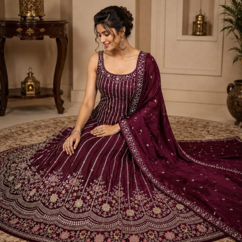 Wine Maroon Embroidered Lehenga Choli Set with Designer Dupatta - Image 4