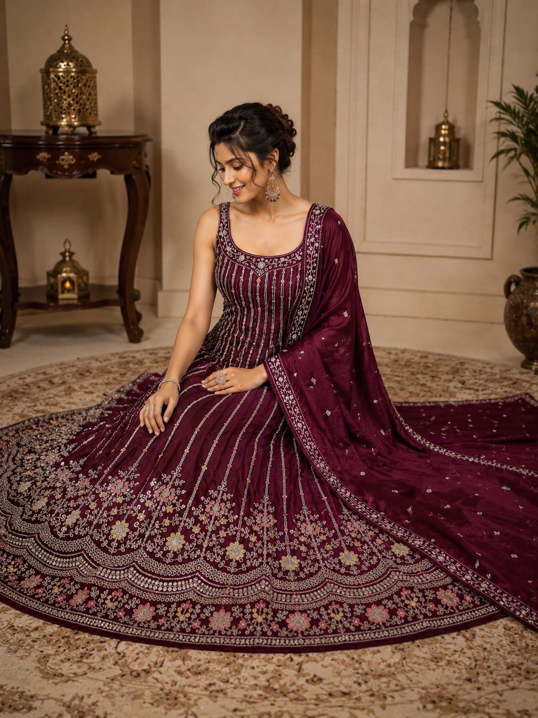 Wine Maroon Embroidered Lehenga Choli Set with Designer Dupatta - Image 4