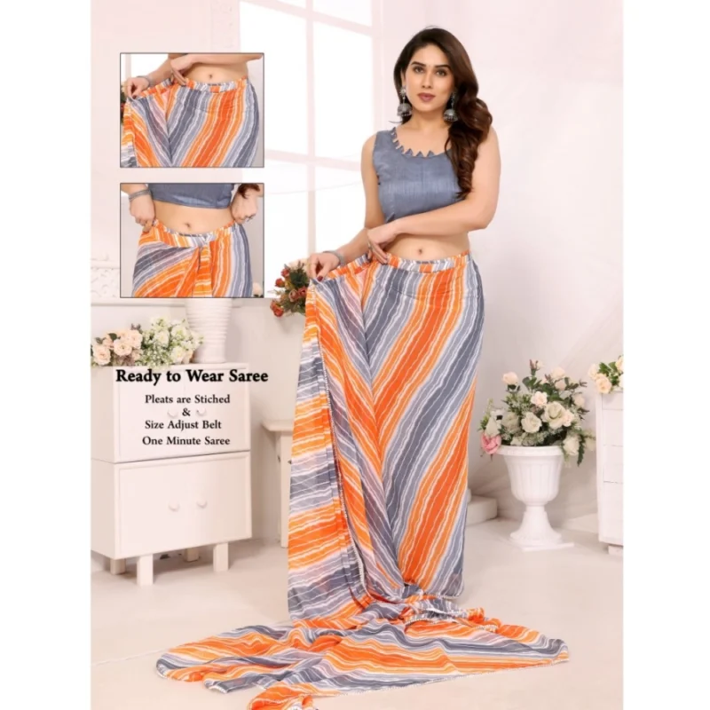 Women's Small Lace Georgette Striped Ready-to-Wear Saree With Unstitched Blouse 5.5 Mtr (Grey) - Image 3