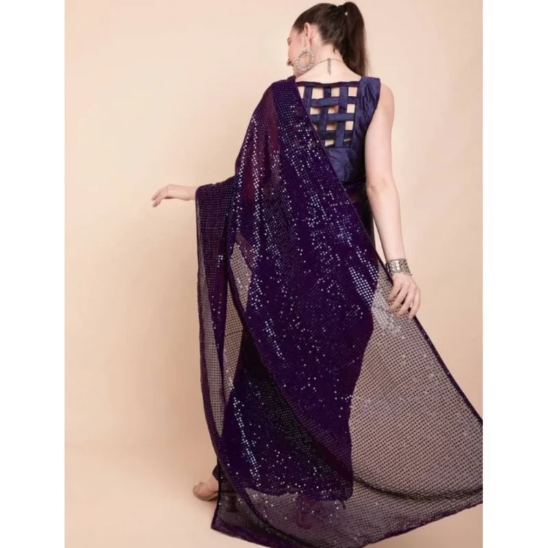 Women's Georgette Embellished Sequnece Bollywood Saree With Unstitched Blouse 5.5Mtr (Purple) - Image 2