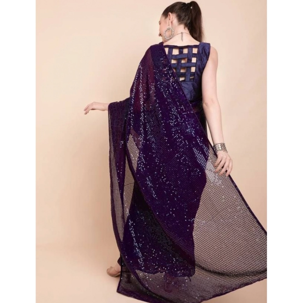 Women's Georgette Embellished Sequnece Bollywood Saree With Unstitched Blouse 5.5Mtr (Purple) - Image 2