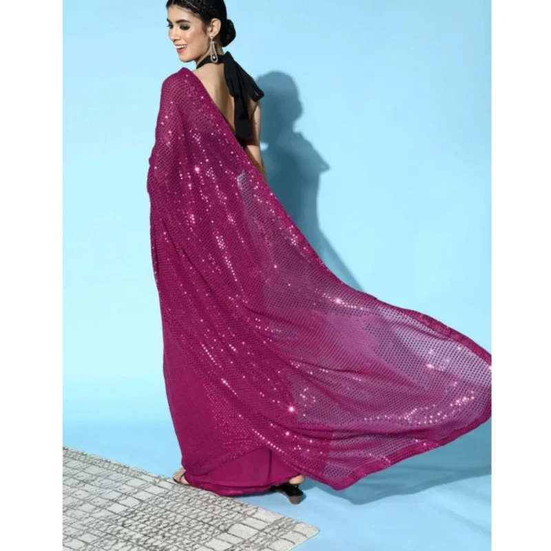 Women's Georgette Embellished Sequnece Bollywood Saree With Unstitched Blouse 5.5Mtr (Wine) - Image 2