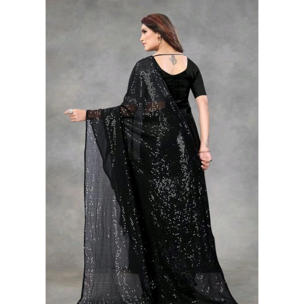 Women's Georgette Embellished Sequnece Bollywood Saree With Unstitched Blouse 5.5Mtr (Black) - Image 2