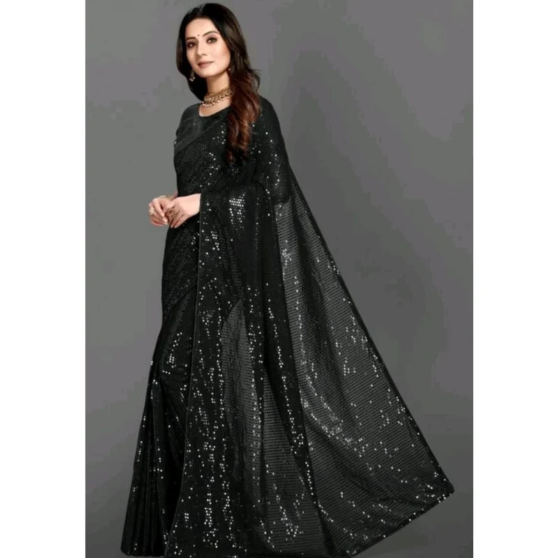 Women's Georgette Embellished Sequnece Bollywood Saree With Unstitched Blouse 5.5Mtr (Black) - Image 2