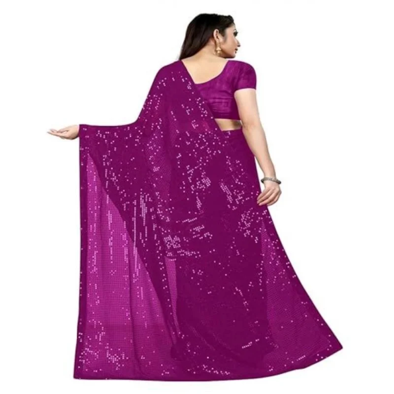 Women's Georgette Embellished Sequnece Bollywood Saree With Unstitched Blouse 5.5Mtr (Purple) - Image 2