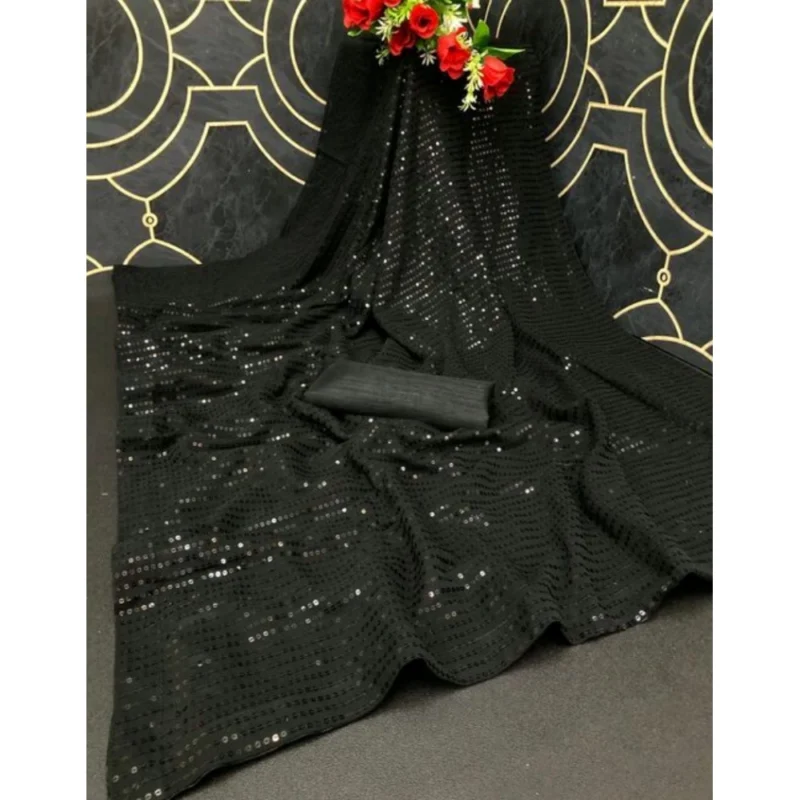Women's Georgette Embellished Sequnece Bollywood Saree With Unstitched Blouse 5.5Mtr (Black) - Image 2