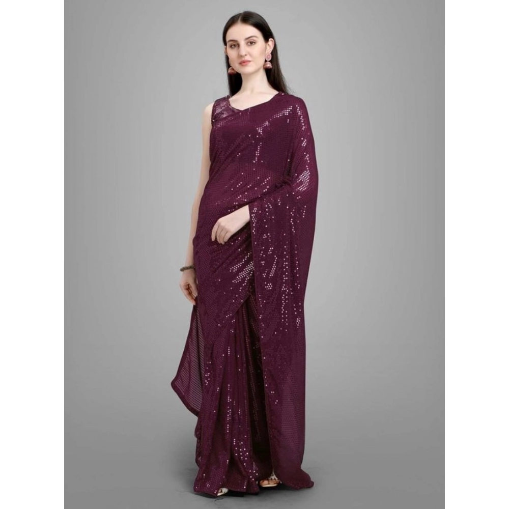 Women's Georgette Embellished Sequnece Bollywood Saree With Unstitched Blouse 5.5Mtr (Purple) - Image 2