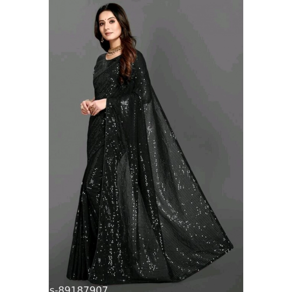 Women's Georgette Embellished Sequnece Bollywood Saree With Unstitched Blouse 5.5Mtr (Black) - Image 2