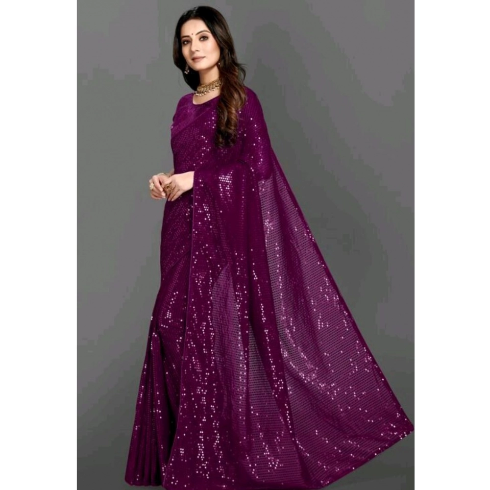 Women's Georgette Embellished Sequnece Bollywood Saree With Unstitched Blouse 5.5Mtr (Purple) - Image 2