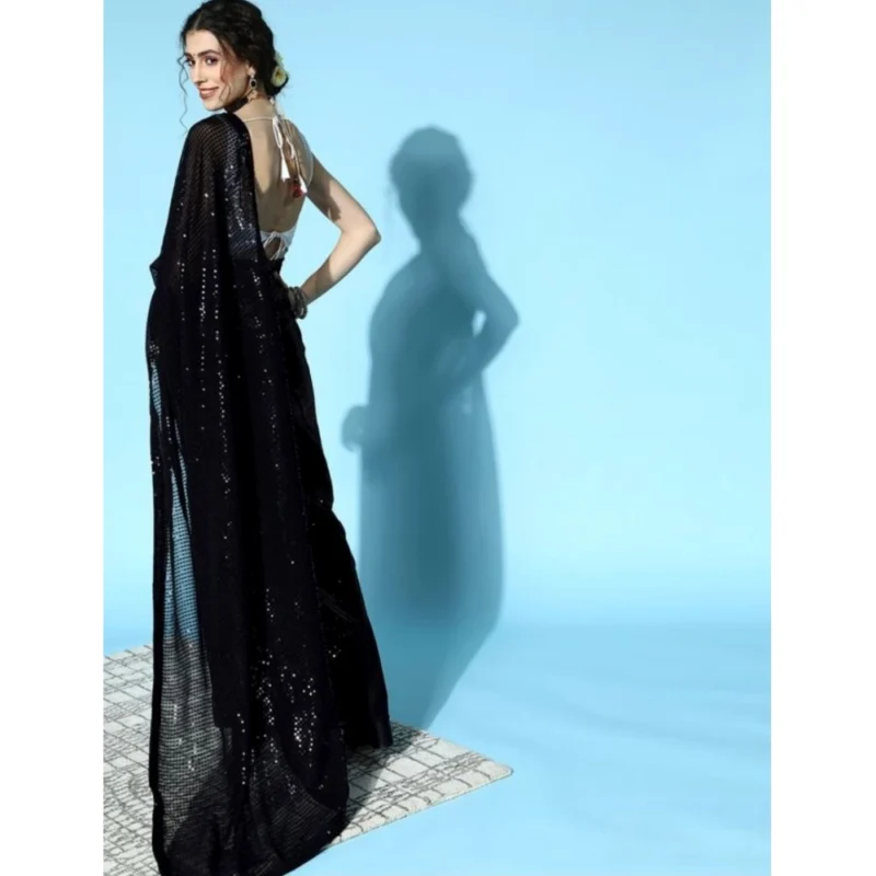 Women's Georgette Embellished Sequnece Bollywood Saree With Unstitched Blouse 5.5Mtr (Black) - Image 2