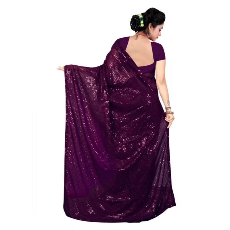 Women's Georgette Embellished Sequnece Bollywood Saree With Unstitched Blouse 5.5Mtr (Purple) - Image 2