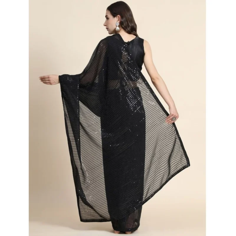 Women's Georgette Embellished Sequnece Bollywood Saree With Unstitched Blouse 5.5Mtr (Black) - Image 2