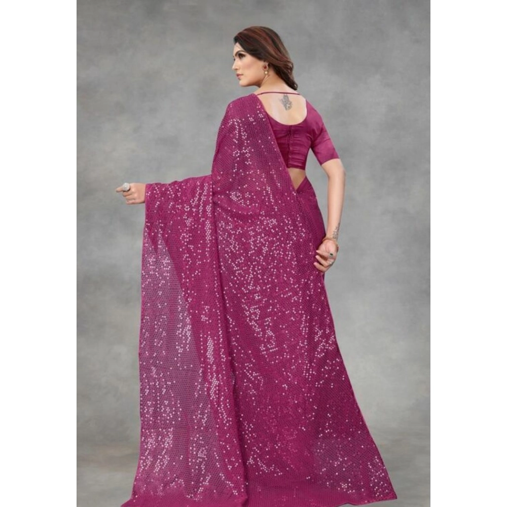 Women's Georgette Embellished Sequnece Bollywood Saree With Unstitched Blouse 5.5Mtr (Purple) - Image 2