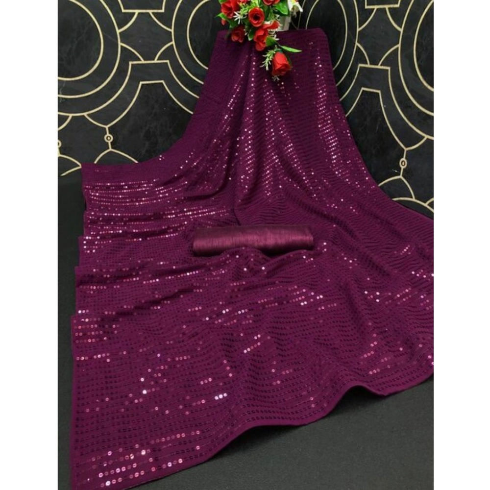 Women's Georgette Embellished Sequnece Bollywood Saree With Unstitched Blouse 5.5Mtr (Purple) - Image 2