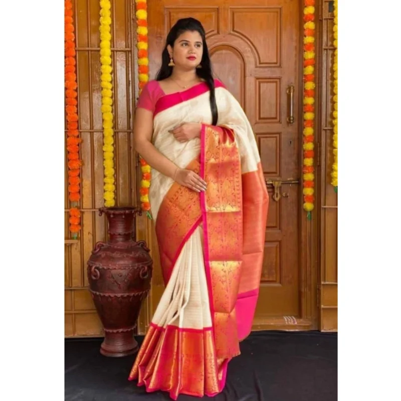 Women's Soft Lichi Silk Printed Saree With Unstitched Blouse 5.5Mtr (Cream) - Image 2