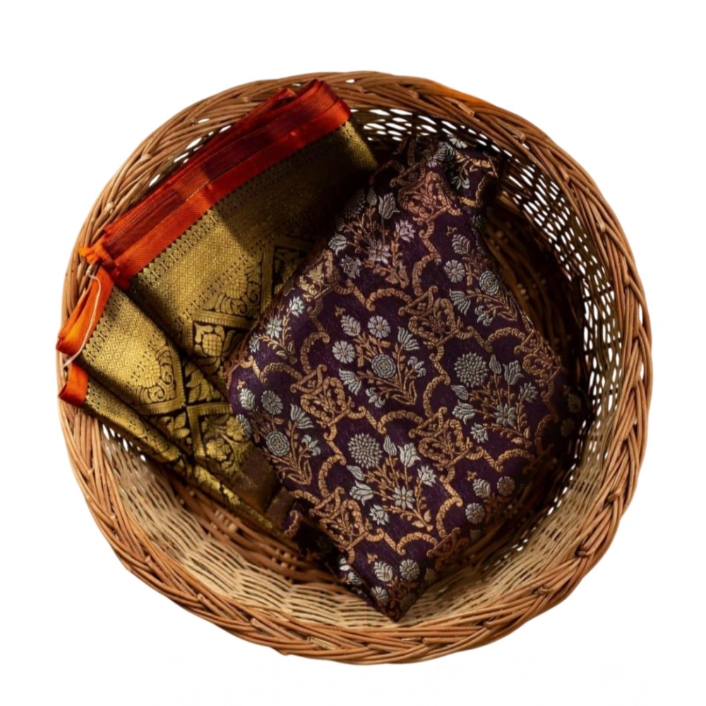 Women's Soft Lichi Silk Printed Saree With Unstitched Blouse 5.5Mtr (Purple) - Image 4