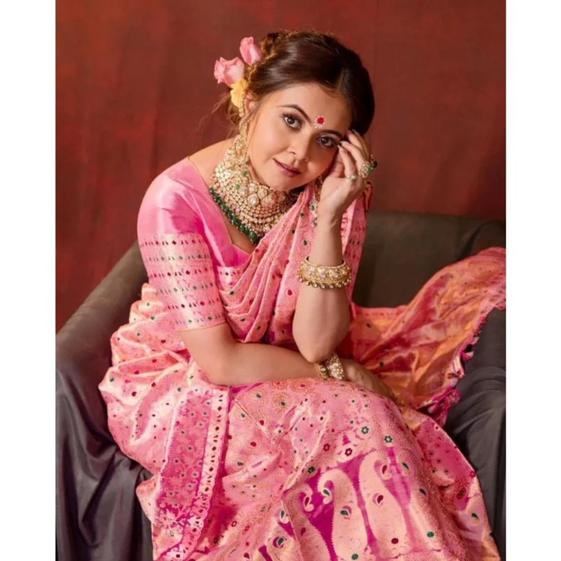 Women's Soft Lichi Silk Printed Saree With Unstitched Blouse 5.5Mtr (Pink) - Image 3
