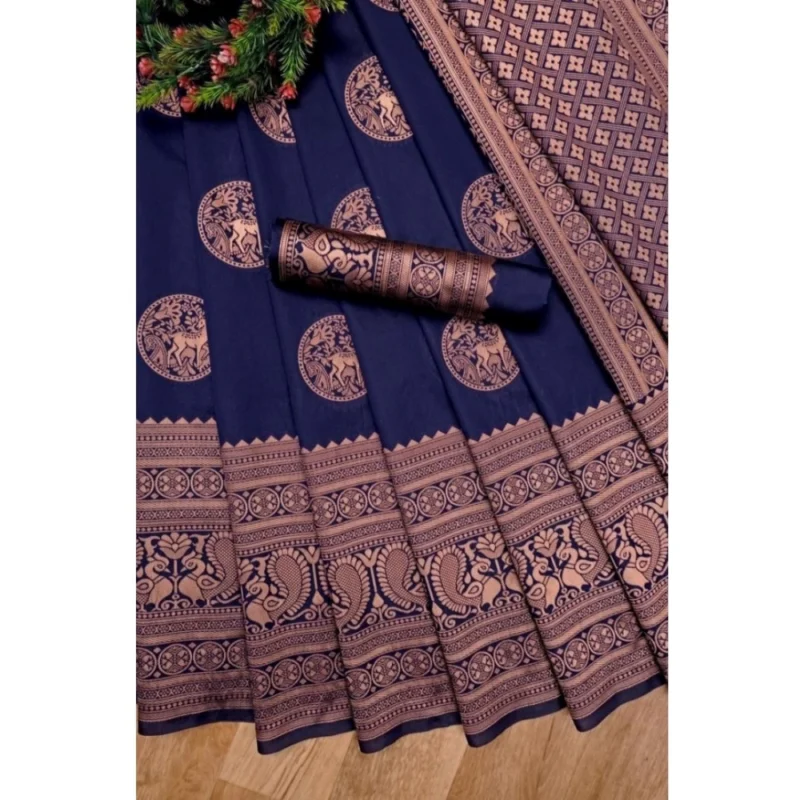 Women's Soft Lichi Silk Printed Saree With Unstitched Blouse 5.5Mtr (Navy Blue) - Image 4