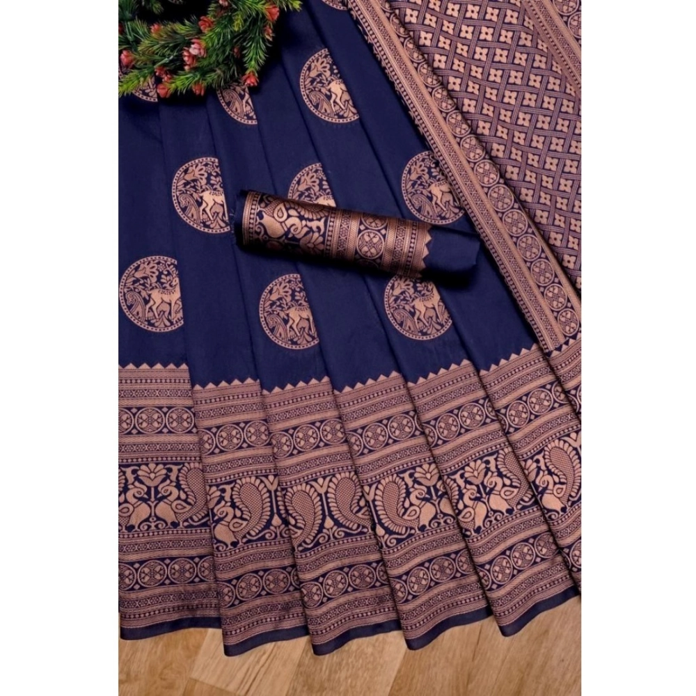 Women's Soft Lichi Silk Printed Saree With Unstitched Blouse 5.5Mtr (Navy Blue) - Image 4