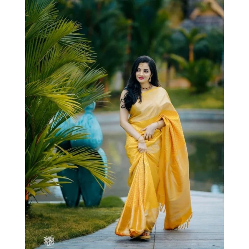 Women's Soft Lichi Silk Printed Saree With Unstitched Blouse 5.5Mtr (Yellow) - Image 3