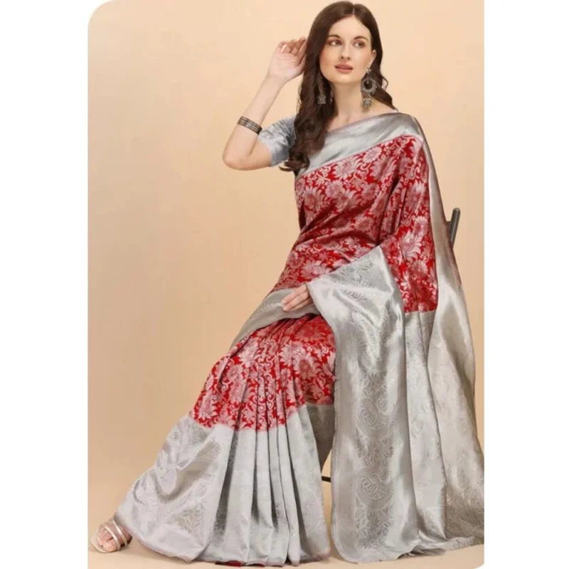 Women's Soft Lichi Silk Printed Saree With Unstitched Blouse 5.5Mtr (Red) - Image 2