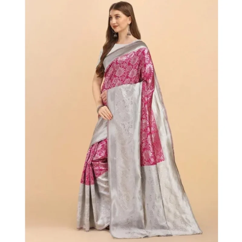 Women's Soft Lichi Silk Printed Saree With Unstitched Blouse 5.5Mtr (Pink) - Image 2