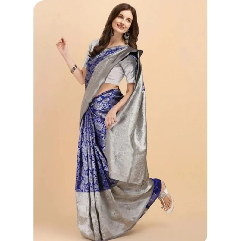 Women's Soft Lichi Silk Printed Saree With Unstitched Blouse 5.5Mtr (Blue) - Image 2