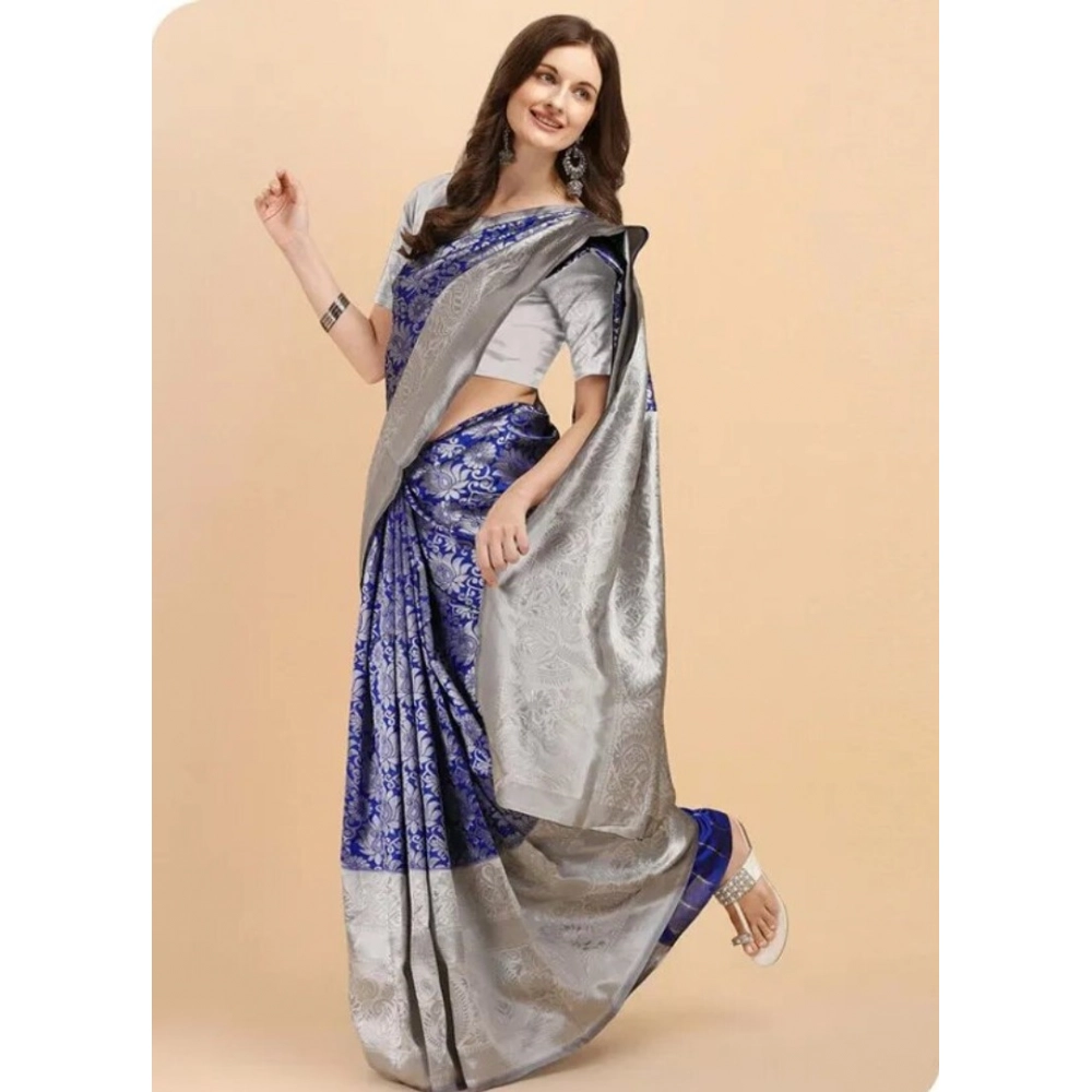 Women's Soft Lichi Silk Printed Saree With Unstitched Blouse 5.5Mtr (Blue) - Image 2