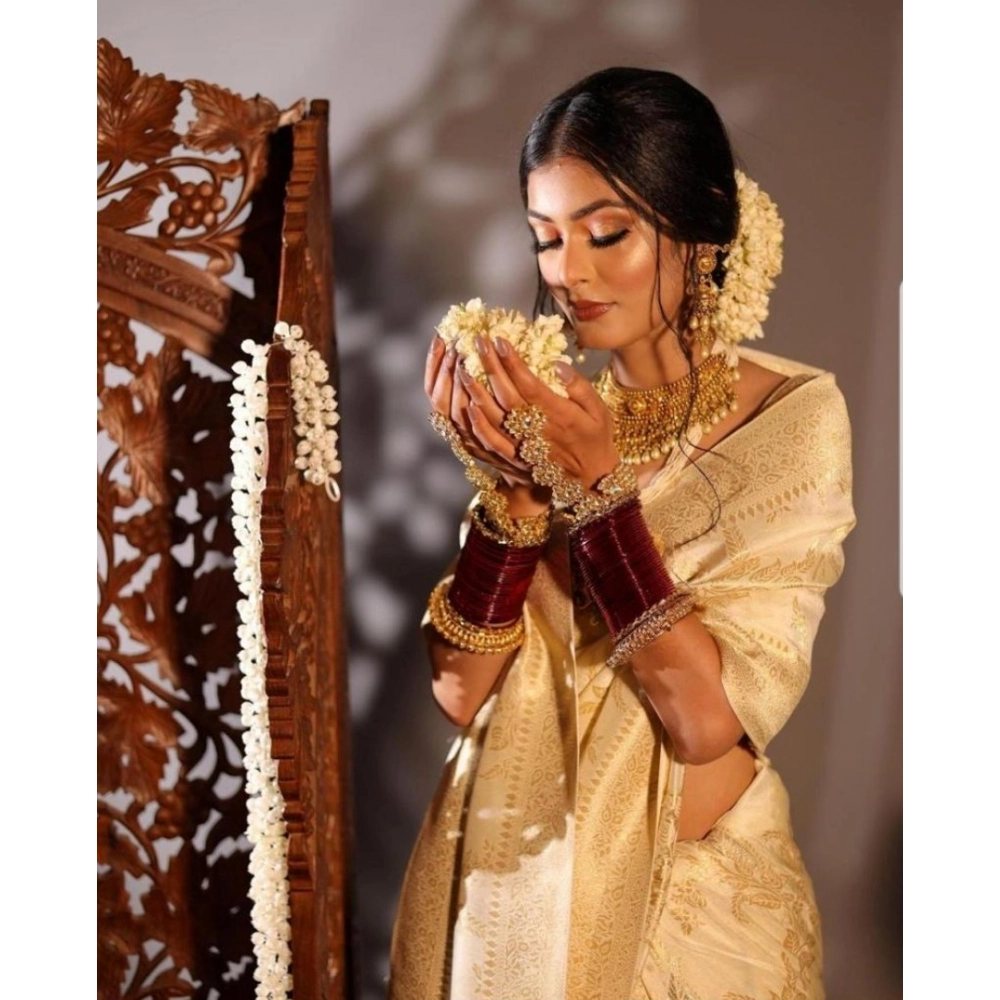 Women's Soft Lichi Silk Printed Saree With Unstitched Blouse 5.5Mtr (Golden) - Image 3