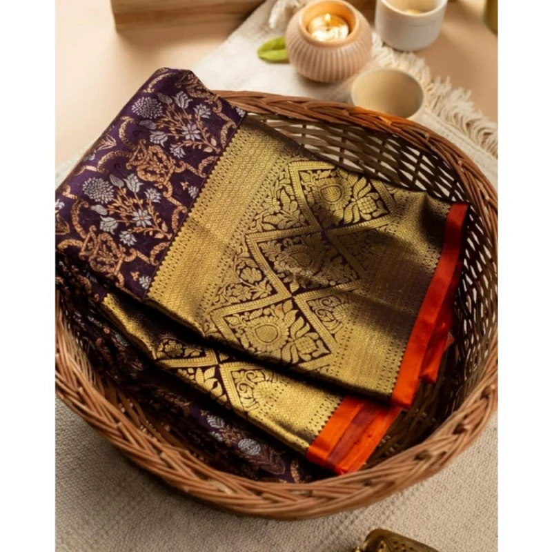 Women's Soft Lichi Silk Printed Saree With Unstitched Blouse 5.5Mtr (Purple) - Image 2