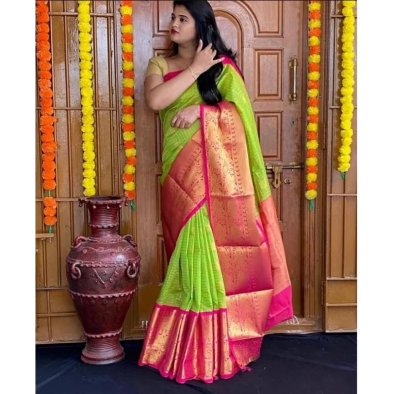 Women's Soft Lichi Silk Printed Saree With Unstitched Blouse 5.5Mtr (Green) - Image 2
