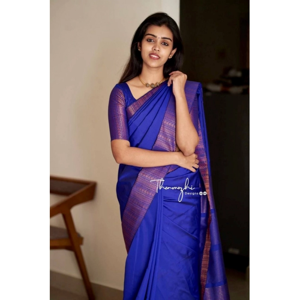 Women's Soft Lichi Silk Solid Saree With Unstitched Blouse 5.5Mtr (Blue) - Image 2