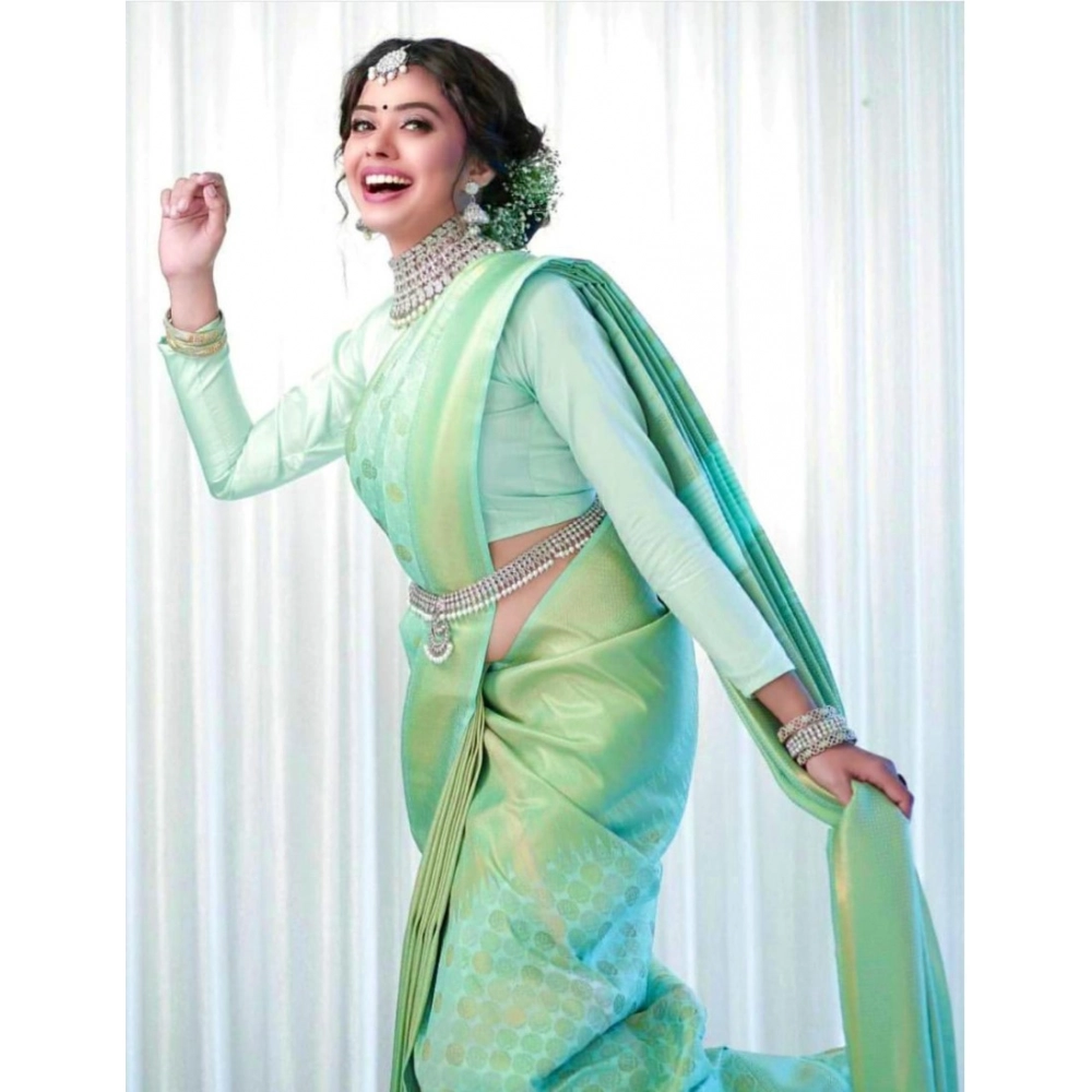 Women's Soft Lichi Silk Printed Saree With Unstitched Blouse 5.5Mtr (Light Green) - Image 4
