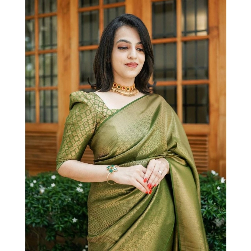 Women's Soft Lichi Silk Printed Saree With Unstitched Blouse 5.5Mtr (Green) - Image 2
