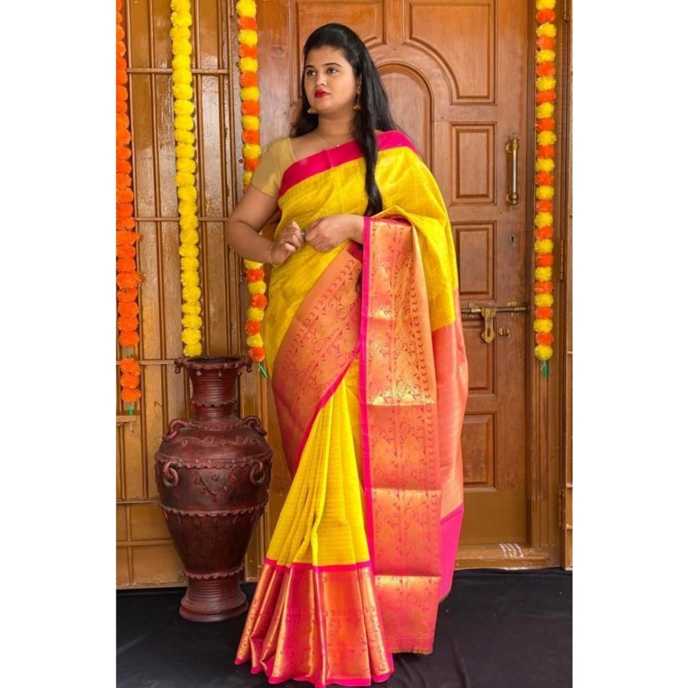 Women's Soft Lichi Silk Printed Saree With Unstitched Blouse 5.5Mtr (Yellow) - Image 2