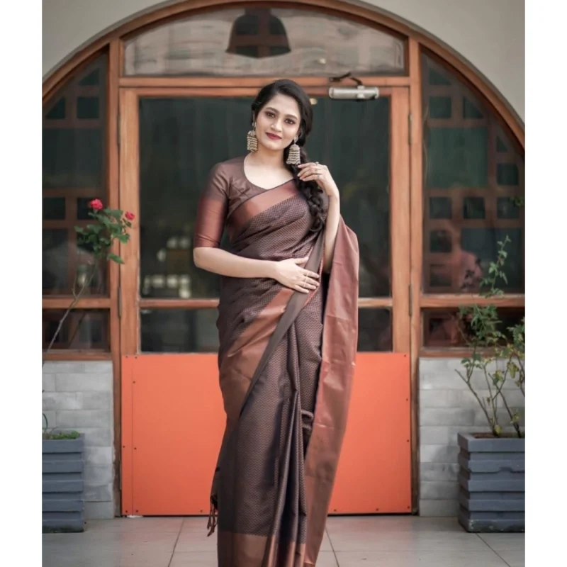 Women's Soft Lichi Silk Printed Saree With Unstitched Blouse 5.5Mtr (Brown) - Image 3